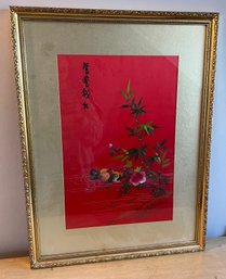 Vintage Silk Threaded Embroidery On Red Silk.