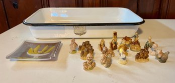 Vintage Enamelware, Vintage Rose Tea Ceramic Miniatures And Who Ate The Bananas Trinket Tray