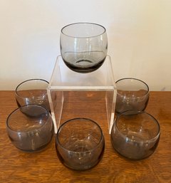 Six Vintage Smoked Gray Glass Tumblers With Dark Rim Detail
