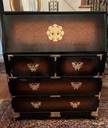 Asian-inspired Slant-front Desk With Burl Wood Veneer And Brass Accents