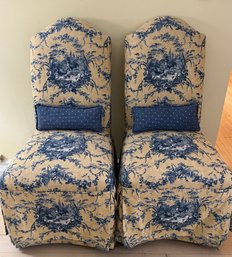 Pair Of Parsons Chairs With Blue And Beige Toile Fabric