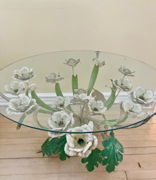 Vintage Italian Hollywood Regency Tole Metal Floral Coffee Table With Glass Top