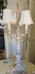 Ornate Multi-arm Table Lamp With Crystal Prisms And Distressed Finish