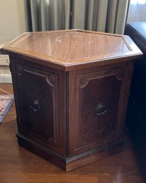 A Mid-century Hexagonal Burl Wood Veneer Side Table With Ring Pulls