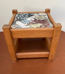 Rustic Wooden Footstool With A Tapestry Seat Depicting Woodland Animals