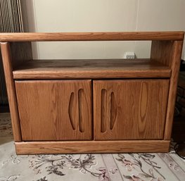 Functional Oak Wood Media Console With Two Cabinet Doors And Open Shelving