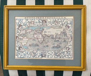 Framed Reproduction Of Sebastian Mnster's 16th-century World Map.