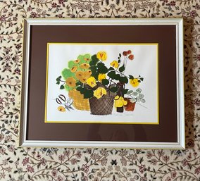 Framed Watercolor Still Life Of Potted Plants And Scissors By Babette Eddleston
