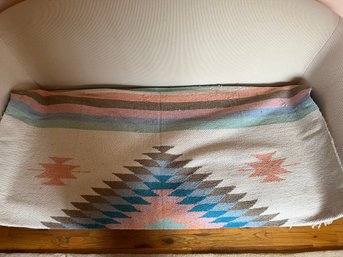 Striped Woven Mexican Blanket With A Diamond Pattern And Tasseled Edges.