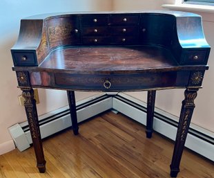 Mahogany Carlton House Style Writing Desk With Decorative Inlay And Brass Hardware