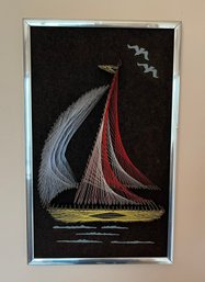 Mid-century String Art Sailboat With Birds On A Dark Background