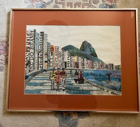 Framed Collage Artwork Depicting A Brazilian Cityscape With Mountains.