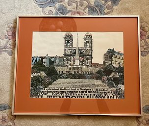 Framed Collage Artwork Depicting An Italian Cityscape With Text Fragments.