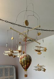 Handcrafted Wooden And Fabric Biplane And Hot Air Balloon Mobile