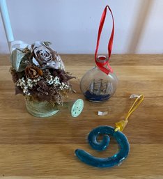 3 Ornaments  Watering Can With Flowers, Ship In A Bottle And Teal Glass Curl