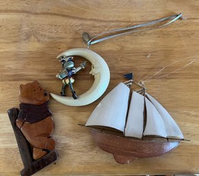 Ornaments: Wooden Winnie The Pooh, Frog Courtier And The Moon, And Sailboat