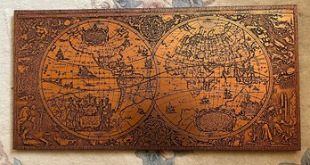 Decorative Copper Engraved World Map, Wood Mount