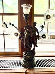 Art Nouveau Bronze Lamp With Two Female Figures And Etched Glass Shades