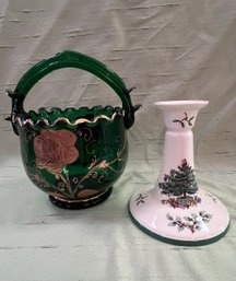 Green Bohemian Glass Flower Basket And Christmas Candle Pillar