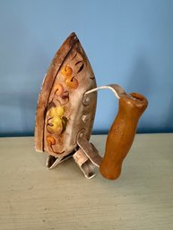 Hand-painted Decorative Cast Iron Sad Iron With A Wooden Handle