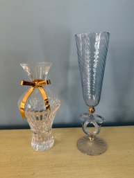 Venetian Murano Art Glass Champagne Flute & Murano-style Art Ribbed Glass Vase With A Gold Ribbon Accent
