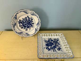 Pair Of Blue And White Floral Decorative Ceramic Plates