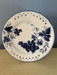 Vintage Italian Ceramic Plate With Blue Grape Motif And Lattice Rim