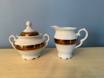 White Porcelain Sugar Bowl With Lid And Creamer Jug With Gold Trim