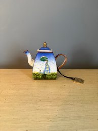 Decorative Enameled Copper Miniature Teapot With Hand-painted Impressionist-style Scene