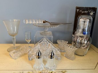 Cut Glass Lot: Salt/pepper Shakers, Napkin Holder, Side Table Water Pitcher, Cupcake Holder, Pie Cutter & More