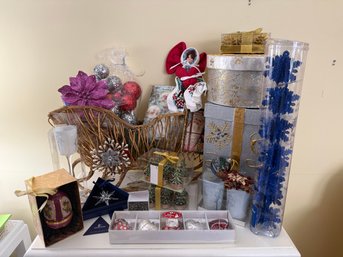 Christmas Lot: Rattan Sled, Christmas Ornaments Boxes, Candles And More