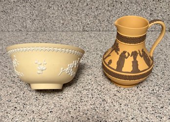 Wedgwood Jasperware Cane Yellow/taupe Brown Etruscan Jug & Bowl