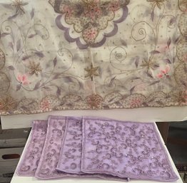 4 Purple Beaded Pillowcases And 1 Hand Embellished Toule Style Throw