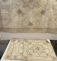 3 Cream/gold Pillowcases And Beaded Toule Style Throw  Handmade