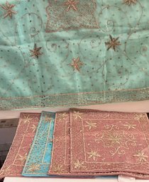 4 Silkish Beaded Purple And Turquoise Pillowcases And 1 Turquoise Throw