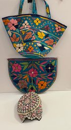 Sindhi Cap, And 2 Blue Flower Embroidered Bag And Clutch