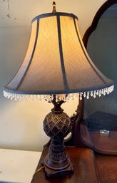 Ornate Decorative Table Lamp With Beaded Fringe And Geometric Base