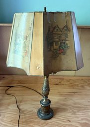 Vintage Table Lamp With Clyde Cole Signed Lithograph Shade Depicting English Inns