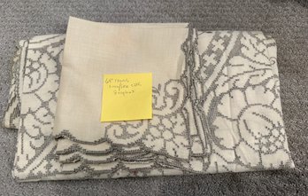 Vintage 64-inch Round Linen Tablecloth And Eight Matching Napkins With Cutwork Lace