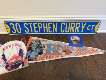 Collectible NY Knicks: Vintage 1994 Championship Pennant, Commemorative Book, & Novelty Warrior Metal Sign