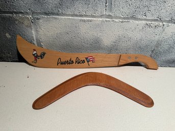 Wooden Boomerang And Decorative Puerto Rican Souvenir Sickle