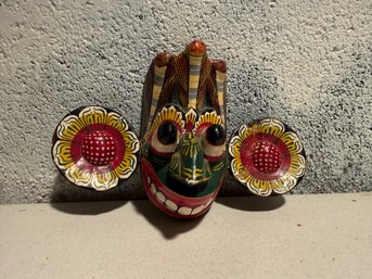 Carved And Painted Wooden Sri Lankan Raksha Mask With Cobra Hoods.