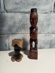 Vintage New Zealand Maori Wood Carvings & African Makonde Carving Of A Woman's Head, Ebony