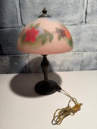 Vintage Reverse-painted Floral Glass Shade Table Lamp With A Metal Base