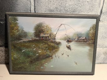 Signed Oil On Canvas Painting Of A Southeast Asian Riverine Landscape.