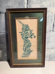 Framed Thai Temple Rubbing Of A Musician Playing A Flute Green