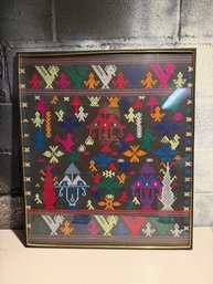 Framed Cross-stitch Textile Pictorial With Geometric And Figural Motifs.