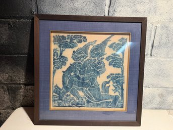 Framed Thai Temple Rubbing Depicting Mythological Figures In Blue And White