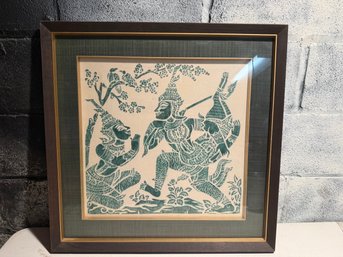 Framed Thai Charcoal Rubbing Depicting Mythological Figures And Creatures