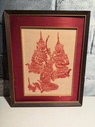 Framed Thai Temple Rubbing Depicting Musicians In Traditional Attire Red